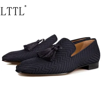 LTTL Нова мода Италия Стил Черни мокасини с пискюли Мъжка лятна ежедневни обувки, Дишаща ръчно изработени обувки Мъжки обувки на равна подметка за партита