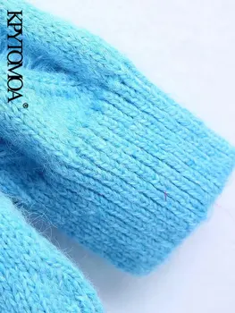 KPYTOMOA Дамска мода Свободен дрипави вязаный дълъг пуловер Ретро V-образно деколте с дълъг ръкав Дамски пуловери Шик върховете