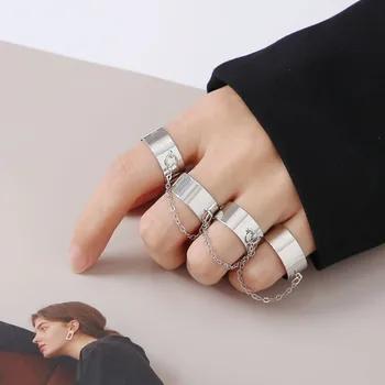 Пънк Стръмни Хип-поп пръстени Многопластова Регулируема Верижка Четири Открити Пръстени за пръстите на Рафтинг Мъжки пръстени за жени, Подарък за парти Мода