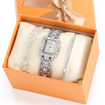 Сребърни Дамски часовници Луксозна Гривна с кристали и диаманти, Определени Подарък за жени, Мода Обикновен Правоъгълен Циферблат Кварцов часовник