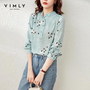 VIMLY Дамски блузи за Пролетно блуза с принтом в грах Офис елегантни ризи с яка-часова Модни широки дрехи копчета Женски Blusas F6759