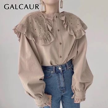 GALCAUR Реколта Ежедневни директен риза за жени с яка с ревери и пищни ръкави, Однотонная блуза, копчета, Дамски дрехи, Мода 2021