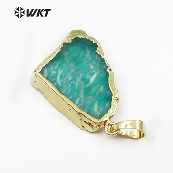 WT-P1406 WKT търговия на Едро с висулка с естествен камък, зелен камък, свободна форма със златно метално покритие за производство на бижута за жени