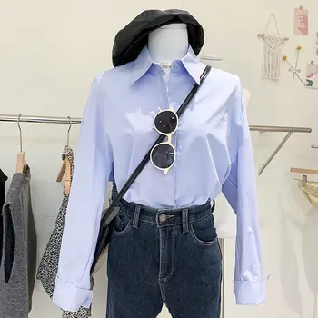 2021 Зимна дамска блуза Офис дамски памучен по-Големина Плюс Размера на Топ черното е Бяло, Синьо с дълъг ръкав Корейската мода риза