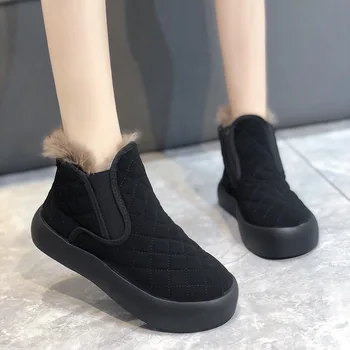 Дамски Зимни нови диви latticework обувки с модел на корейската версия на равна подметка Топли дамски памучни обувки с кръгло бомбе Botas De Mujer