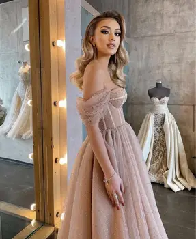 Розово сладко рокля за срещата на завършилите 2021 с открити рамене Лъскави блестящи тюлевые трапециевидные дамски официални рокли за партита Елегантни рокли