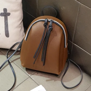 Мини-раница от изкуствена кожа, Дамски малка чанта през рамо с пискюл на мълния дамски кожени училищна чанта чанта за тийнейджъри grils