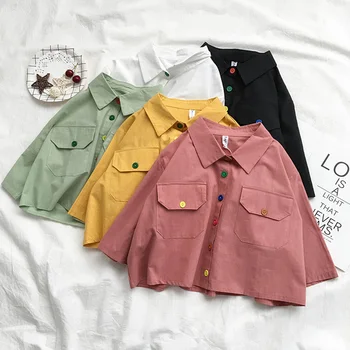 Забавно Красиво лято Блуза Харадзюку Риза Дамски блузи с отложным яка на Риза с джобове за корейски копчета Къса секси блуза укороченная