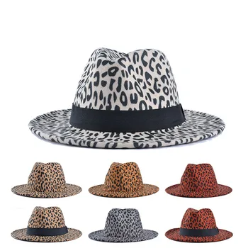 2020 широка периферия фетровая шапка от леопардовой вълна с широка периферия Фетровая шапка за жени Нова топла зимна Панама Джаз шапка с панделка