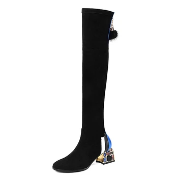 VLADO-MIYA Модни дамски обувки от естествена кожа, еластични, над коляното, с цип, с кръгло бомбе, на площада ток, Плюс размера на 34-42