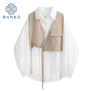 Дамски блузи 2021 Пролет Есен на Мода Ретро Дизайн Корейски Отложной яка Жилетка С дълъг ръкав Свободни Женски Ризи, Блузи