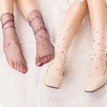 [EIOISAPRA]Ръчно изработени Ухилен Звезди-Тънки Прозрачни мрежести чорапи Цветни Купчина на Купчина Японски Чорапи Дамски Елегантни блестящи Femme Сокс