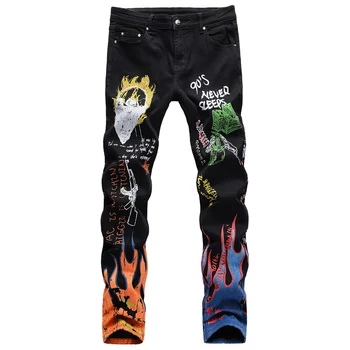 Мъжки дънки Slim Fit Еластични дънки в стил хип-хоп Модерен градинска облекло Индивидуалност Пънк Панталон-молив Дизайнерски дънки с принтом Homme