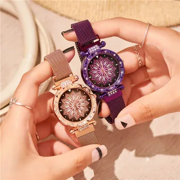 2019 Дамски часовници Дамски магнитни часовници със звездното небе Моден дамски кварцов часовник с диаманти Reloj Mujer Relogio Feminino Zegarek Damski