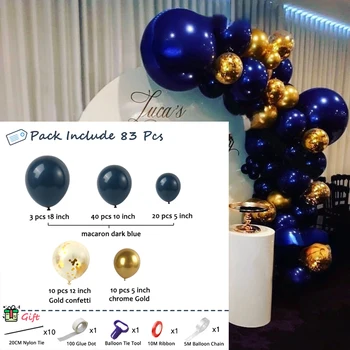 83 Броя Тъмно Сини Балони Венец Арка Комплект Златен Балон с Конфети за Сватба, Рожден Ден, Абитуриентски бал