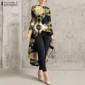 ZANZEA Стилна асиметрична блуза За жени с цветен принтом Риза с дълъг ръкав Високи ниски върхове Извънгабаритни есенни Богемные вечерни Blusas