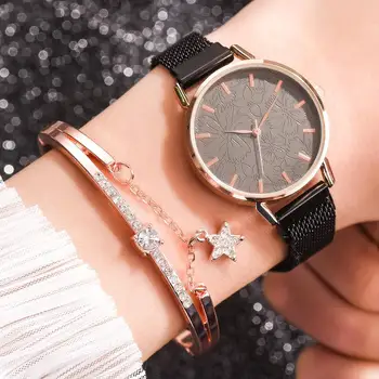 Набор от женски часа с цветя модел Прости ежедневни дамски часовник с магнитен мрежесто колан Дамски ръчен часовник Подарък часовник 2020 reloj de mujer montre
