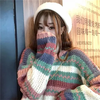 Harajuku дъга зимна мода реколта за жени забавен главната улица пуловер с кръгло деколте на извънгабаритни свободен вязаный зимен пуловер женски