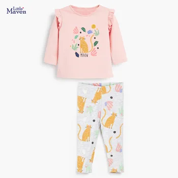 За малки момичета Есен облекло Есенен детски комплект от памук от две части, Костюм за малки момичета розова риза с животни + Леопардовые панталони 2-7 години