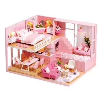1:24 Розова Куклена Къща Изискана Дървени Мебели, Нощни Осветителни Тела, Подарък За Рожден Ден