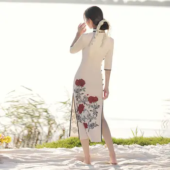 Рокля 2021 Есен с дълги ръкави Цвете роза в ретро-китайски стил Нежна елегантна източното ежедневното вечерна дълга рокля