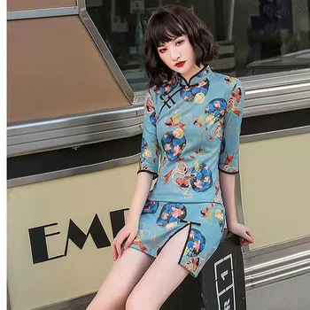 Нов Стил Chinois Femme Рокли Подобряване на Ежедневието дамите с ниско Отрязани Qipao Къси рокли Памучен решетка Китайското традиционната рокля