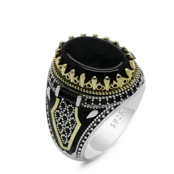 Турски Двуцветен ръчно изработени Бижута Сребърен Пръстен за мъже с камък Оникс Пръстен от черен ахат Сребърен Винтажное мъжки пръстен