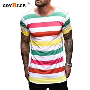 Мъжки t-shirt Covrlge Годишният универсален тенденция рейнбоу цветове, в райе, с кръгло деколте Топ Мъжка тениска с къс ръкав Градинска облекло MTS724