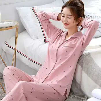 Пролетно-есенен комплект на женските пижам от памук, жилетка с дълъг ръкав, домашна мека и удобна пижама