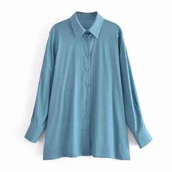Топ за жени от 2021 Синя дамска риза Свободна риза с дълъг ръкав Дамски риза голям размер Годишният Ретро топ Женска бяла риза блуза