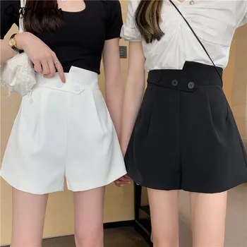 Дамски къси панталони Черно бял, с висока талия Свободни Широки панталони с копчета Асиметрични летни универсални Офис стилни дамски панталони за почивка