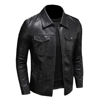 Мъжки мотоциклетът кожено яке с голям размер с джоб, черен ревера на мълния, приталенная мъжки пролет-есен благородна яке от изкуствена кожа M-5XL