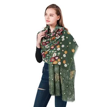 2021 Зимен шал за жени Памучен позлатен кърпа Фулар с флорални принтом Шал за момичета Топло слънцезащитен шал за коса Пашмина