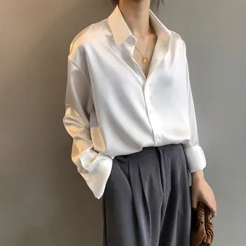 Пролет Есен Модни дамски блузи 2021 Блуза с дълъг ръкав Сатен Ежедневни ризи Елегантна официална риза с копчета Ретро топ Женски