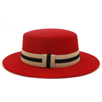 Модерен женски вълна цилиндър Елегантна шапка с голяма периферия в европейски стил Вечерна шапка с плосък покрив Играч gorro Есенно-зимна шапка за мъже