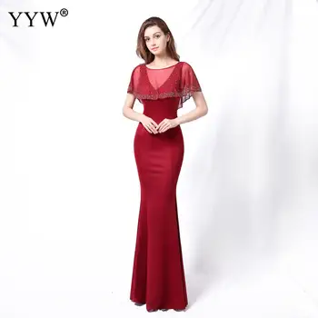 Ново бордовое-секси вечерна рокля Русалка без ръкави, Сексуална дебнещ дълга сватбена рокля с дължина до пода Рокля Femme Vestidos
