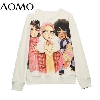 AOMO Нова дамска мода Charater с принтом Бежово блузи, големи размери с дълъг ръкав и кръгло деколте Свободни пуловери 6H170A