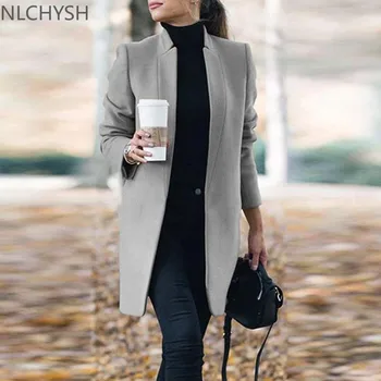 2021 Ново дамско палто, вълнена Есенно-зимна мода с дълъг ръкав на Яке с яка-часова Плюс Размер S-5XL Обикновена Реколта дамски палта