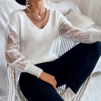 Дамска елегантна линия с дълги ръкави, лейси куха ред, пуловер, пуловер, бяла вязаная тениска с V-образно деколте дамски дрехи