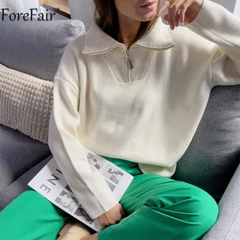 Forefair 2021 Зелени пуловери с цип Свободни с дълъг ръкав, V-образно деколте Случайни бял обикновен женски жилетка голям размер Възли върховете зимен пуловер