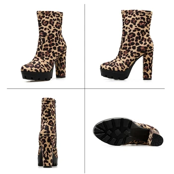 GQPJFI Есенни дамски ботуши велур с леопардовым принтом секси дамски обувки на висок ток с неплъзгащи страничен цип с кръгла глава с Обувки Martin
