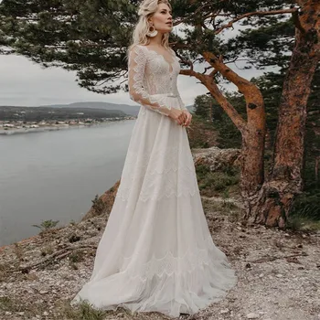 BOHO Линия с дълъг ръкав Дантелени Сватбени рокли 2021 V-образно деколте Апликация Илюзия Тюл Vestidos De Noiva За жени Сватбена рокля Рокля