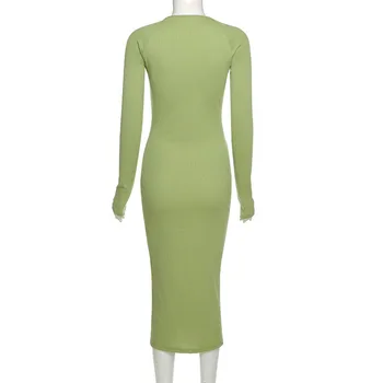 Зелена рокля дамско дълго дебнещ кух 2021 есен и зима Y2K секси вечерна рокля с дълги ръкави и вратовръзка в елегантна вечерна рокля