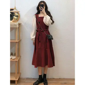 Хоучжоу Червено елегантна рокля за жени Сладък квадратен яка Винтажное Макси рокля с дълъг ръкав Мозайка на Корейското една модерна женствена рокля