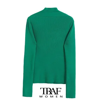 ТРАФИКА Za Дамска мода Оборудвана съкратен зелен вязаный пуловер Ретро квадратен яка с дълъг ръкав Дамски пуловери Шик върховете