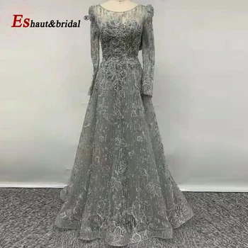 Елегантна Дубайское вечер вечерна рокля 2021 С дълъг ръкав и кръгло деколте Emy Crystal Дантела с ръчно изработени Официални Сватбени и вечерни рокли