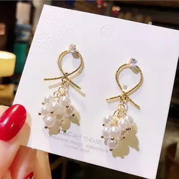 Корейски модни обеци на куки с имитация на перли за жени, сладки кухи кръстоносните геометрични обеци, подарък за Свети Валентин