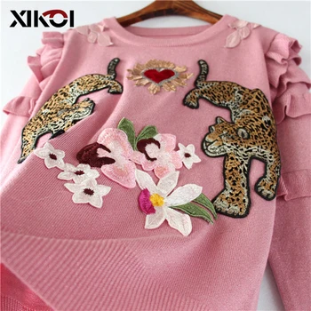 Луксозен пуловер с бродерия Корея есен-зима За жени с дълъг ръкав Цвете Сърцето на Животното Накъдрен Плетени пуловери и блузи