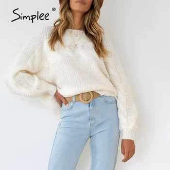 Simplee офис дама с ръкав-фенерче бял пуловер есента на извънгабаритни причинно-разследващ выдалбливают женски пуловер минималистичен основен жилетка 2021