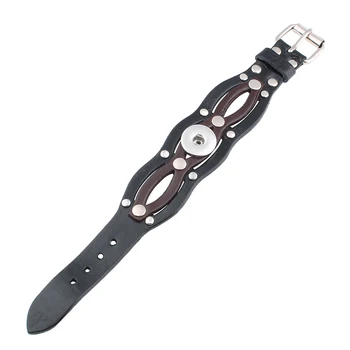Сменяеми черни гривни от естествена кожа в стил ретро с нитове, гривни, подходящи за 18 мм копчета, модни бижута направи си САМ ZE172